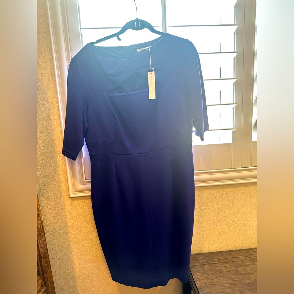 Trina Turk Blue Sheath Midi Dress Square Neck Short Sleeve Sz 14 brilliant blue